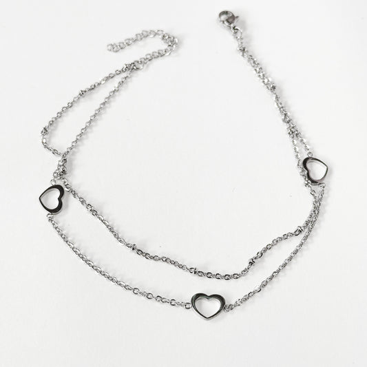 Tobillera doble corazones puntos plateada